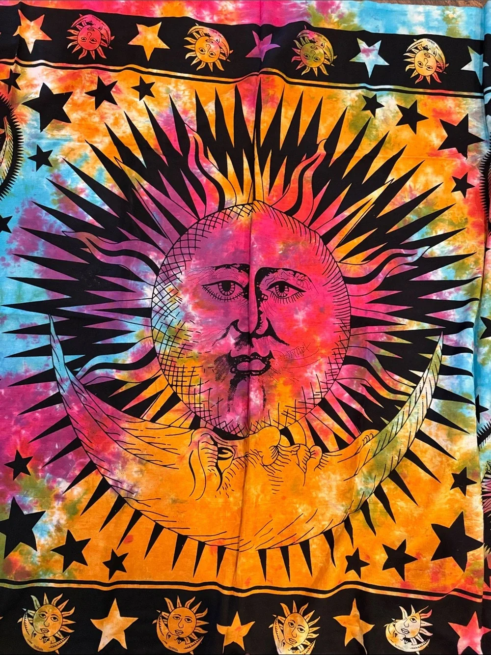 Beautiful tie dyed Sun, moon & stars tapestry-  52” x 78”. In great shape!!